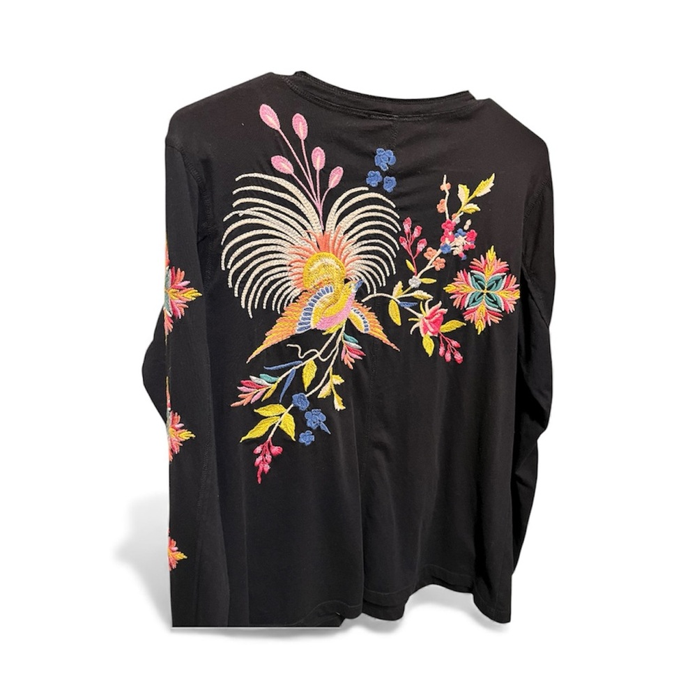 Johnny Was Julie Raw Seam Henley Top Black Floral Embroidered Small - Picture 9 of 11
